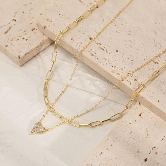Layered Gold Necklace for Women Heart Pendant Choker Chain Cubic Zirconia - Picture 4 of 6